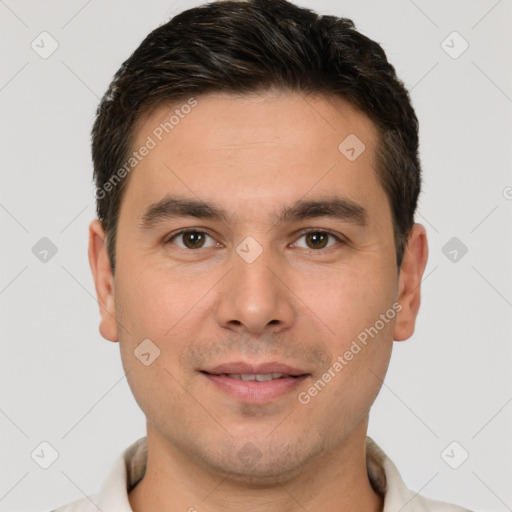 Joyful white young-adult male with short  brown hair and brown eyes