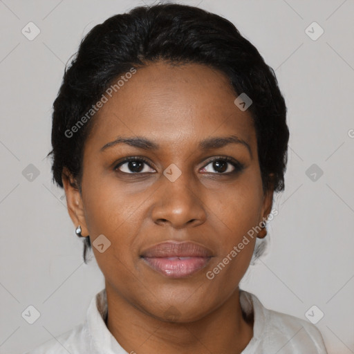 Joyful black young-adult female with short  black hair and brown eyes