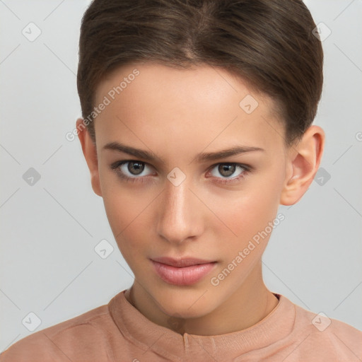 Neutral white young-adult female with short  brown hair and brown eyes