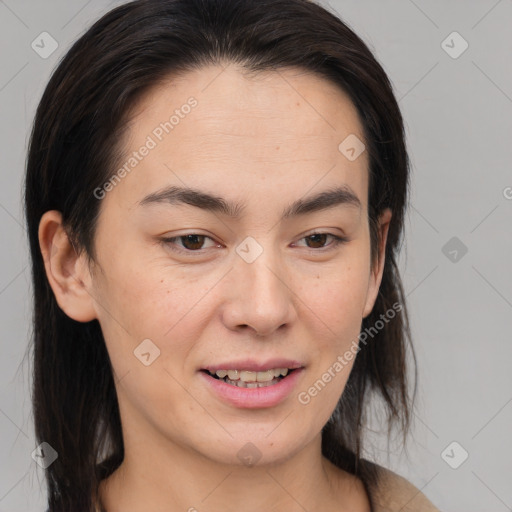 Joyful white young-adult female with medium  brown hair and brown eyes