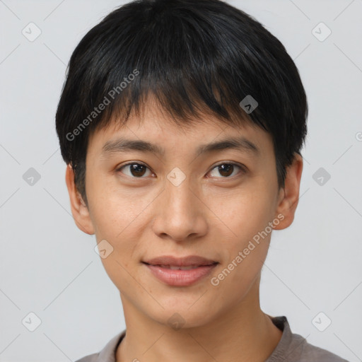 Joyful asian young-adult female with short  brown hair and brown eyes