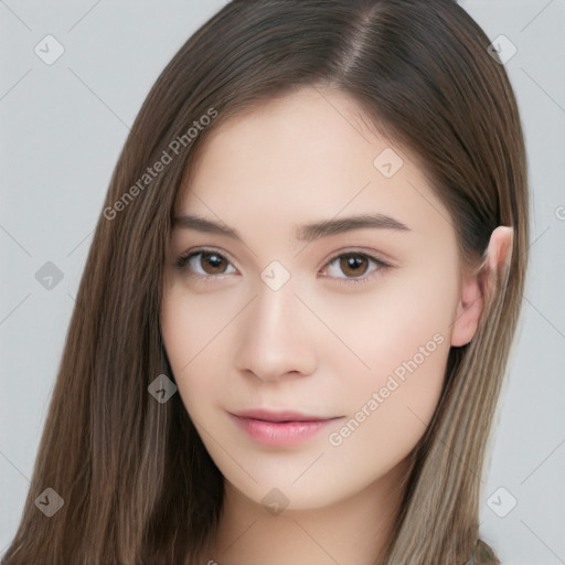 Neutral white young-adult female with long  brown hair and brown eyes