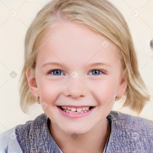 Joyful white child female with medium  brown hair and blue eyes