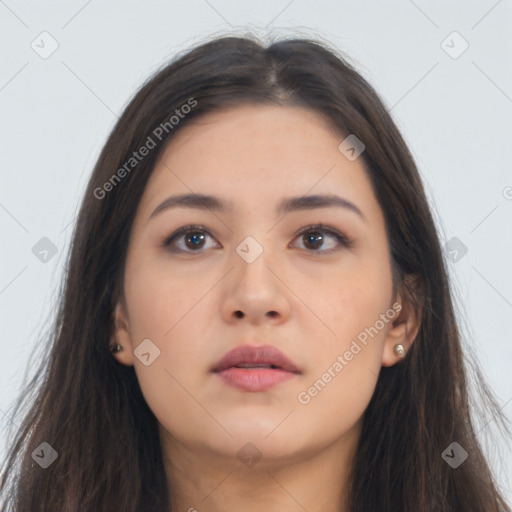 Neutral asian young-adult female with long  brown hair and brown eyes