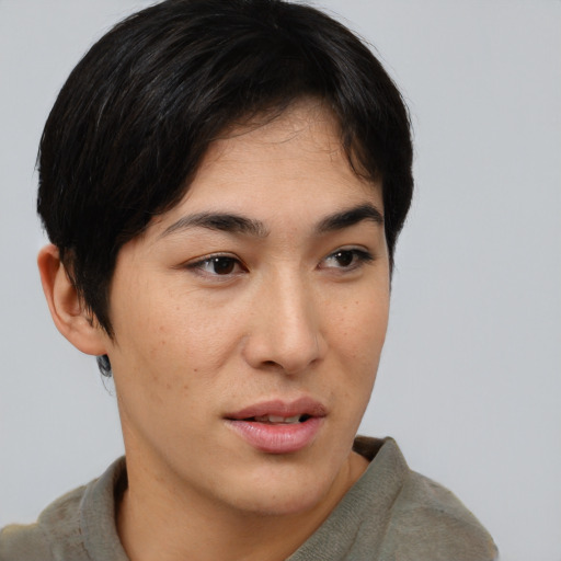 Neutral asian young-adult female with short  brown hair and brown eyes