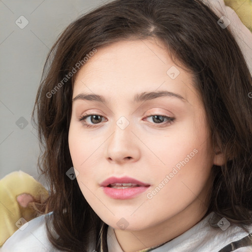 Neutral white young-adult female with medium  brown hair and brown eyes