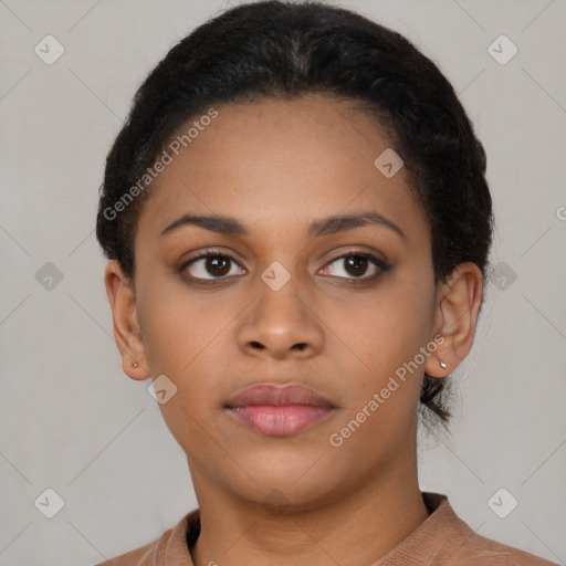 Neutral black young-adult female with short  black hair and brown eyes