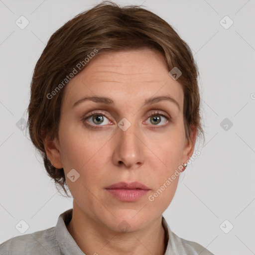 Neutral white young-adult female with medium  brown hair and grey eyes