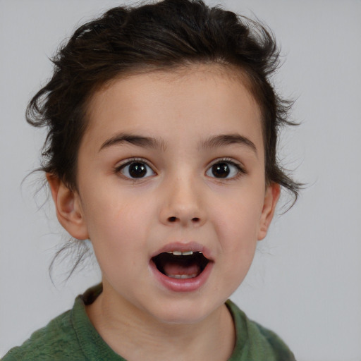 Joyful white child female with medium  brown hair and brown eyes