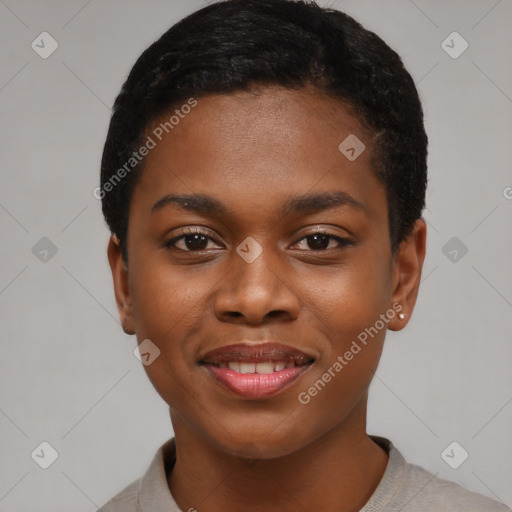 Joyful black young-adult female with short  black hair and brown eyes