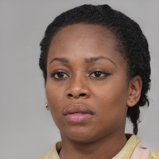 Neutral black young-adult female with short  black hair and brown eyes
