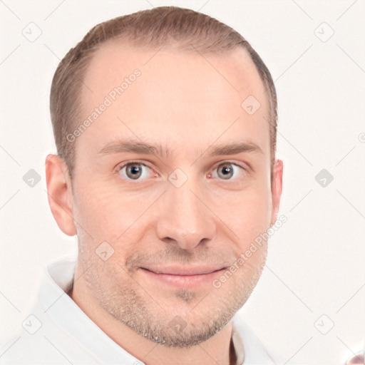 Joyful white adult male with short  brown hair and grey eyes