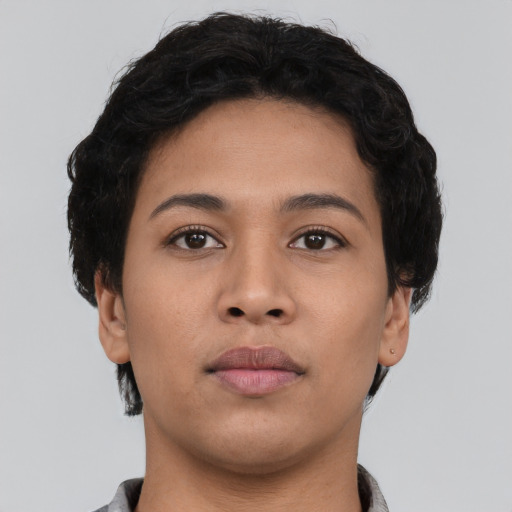 Neutral asian young-adult female with short  black hair and brown eyes