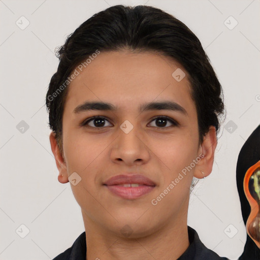 Neutral latino young-adult male with short  brown hair and brown eyes