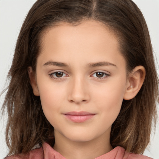 Joyful white child female with medium  brown hair and brown eyes