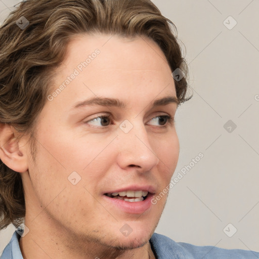 Joyful white young-adult female with short  brown hair and blue eyes