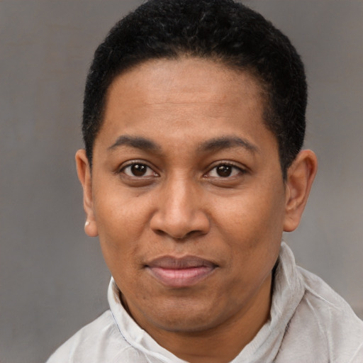 Joyful black adult female with short  black hair and brown eyes