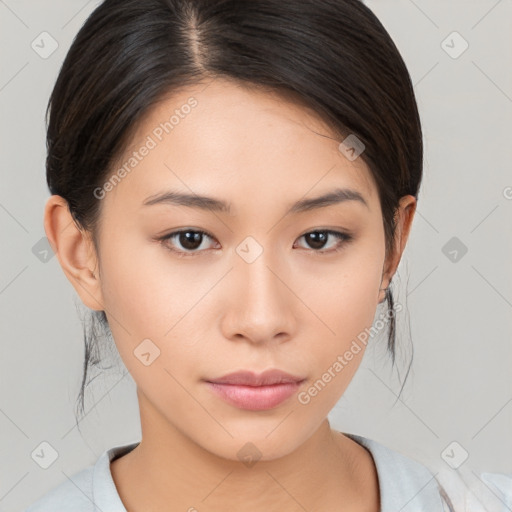 Neutral white young-adult female with medium  brown hair and brown eyes