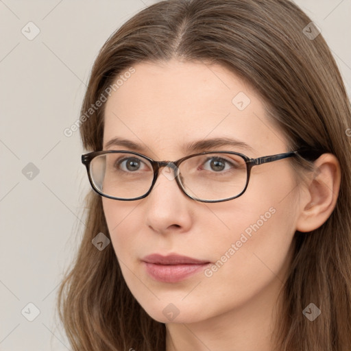 Neutral white young-adult female with long  brown hair and grey eyes