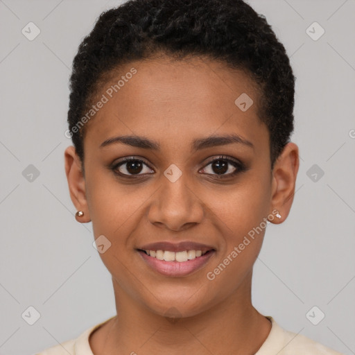 Joyful latino young-adult female with short  brown hair and brown eyes