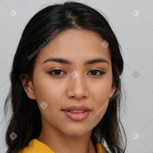 Joyful asian young-adult female with long  brown hair and brown eyes