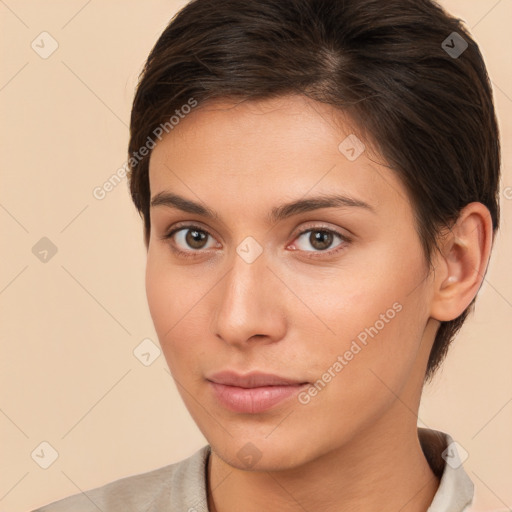 Neutral white young-adult female with short  brown hair and brown eyes