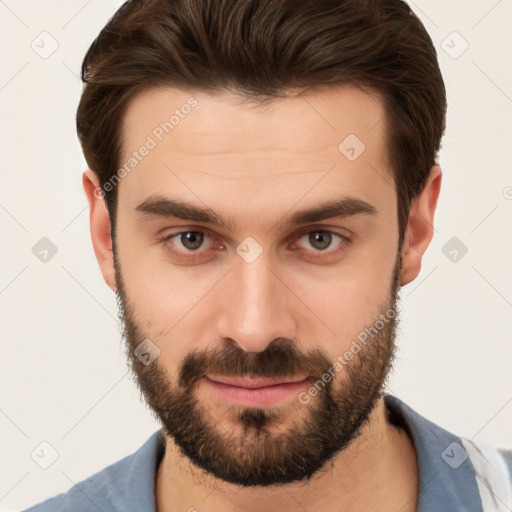 Joyful white young-adult male with short  brown hair and brown eyes