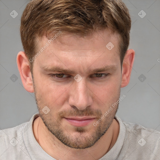 Joyful white adult male with short  brown hair and grey eyes