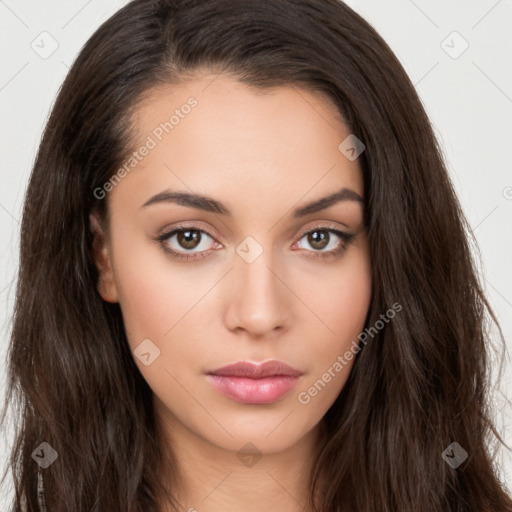 Neutral white young-adult female with long  brown hair and brown eyes