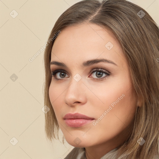 Neutral white young-adult female with long  brown hair and brown eyes