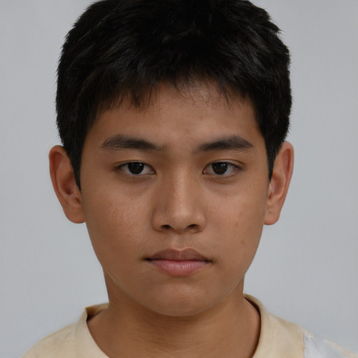 Neutral asian young-adult male with short  brown hair and brown eyes