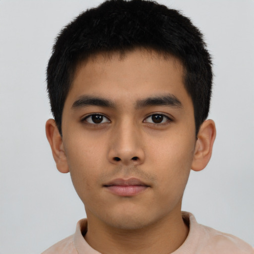 Neutral asian young-adult male with short  black hair and brown eyes