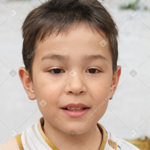 Joyful white child male with short  brown hair and brown eyes