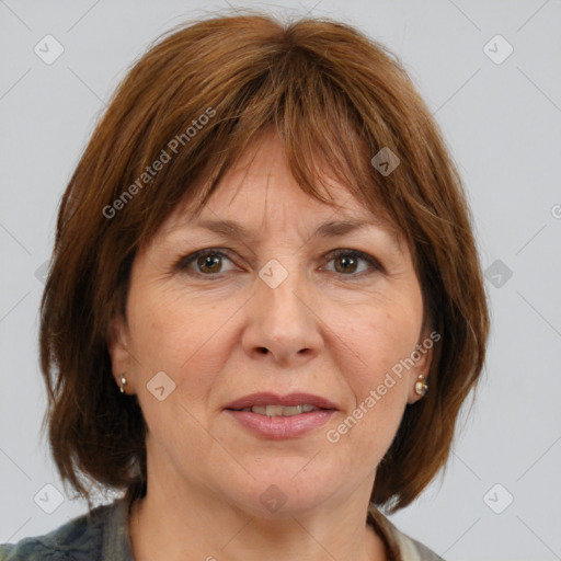 Joyful white adult female with medium  brown hair and grey eyes