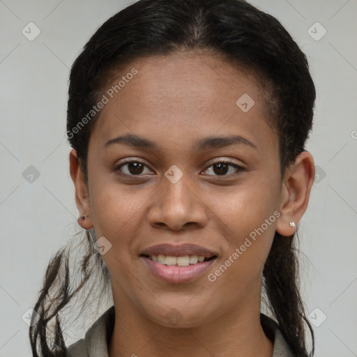 Joyful black young-adult female with short  brown hair and brown eyes