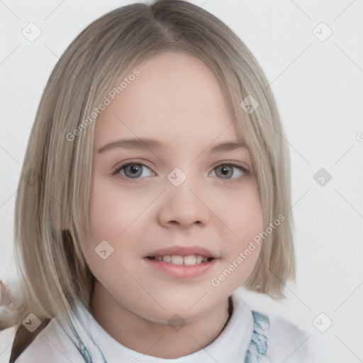 Neutral white child female with medium  brown hair and grey eyes