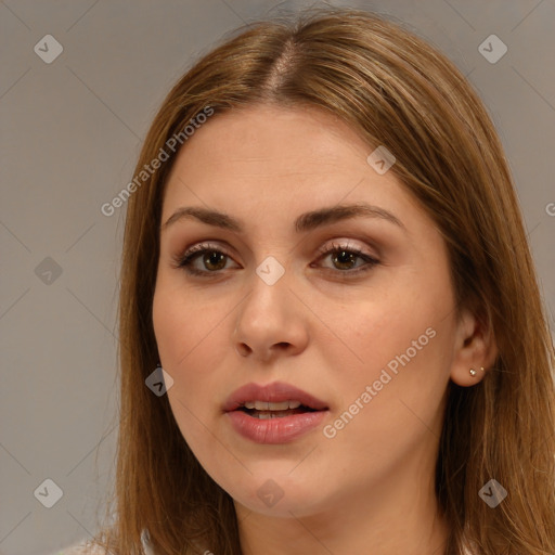 Joyful white young-adult female with long  brown hair and brown eyes