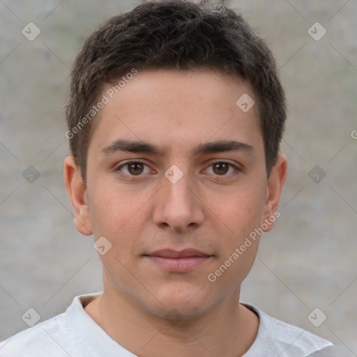 Neutral white young-adult male with short  brown hair and brown eyes