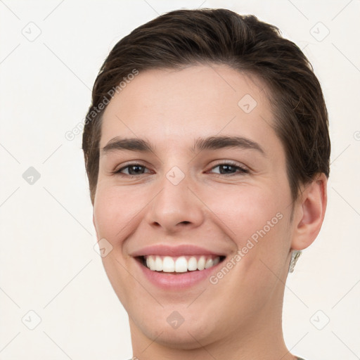 Joyful white young-adult female with short  brown hair and brown eyes