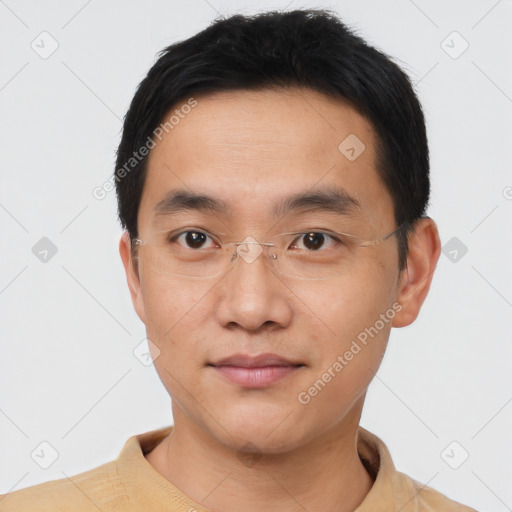 Neutral asian young-adult male with short  black hair and brown eyes