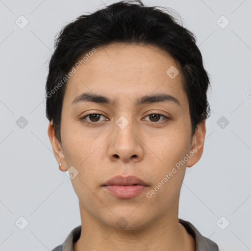 Neutral asian young-adult male with short  black hair and brown eyes