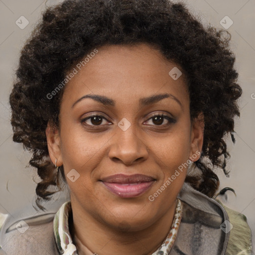 Joyful black adult female with medium  brown hair and brown eyes