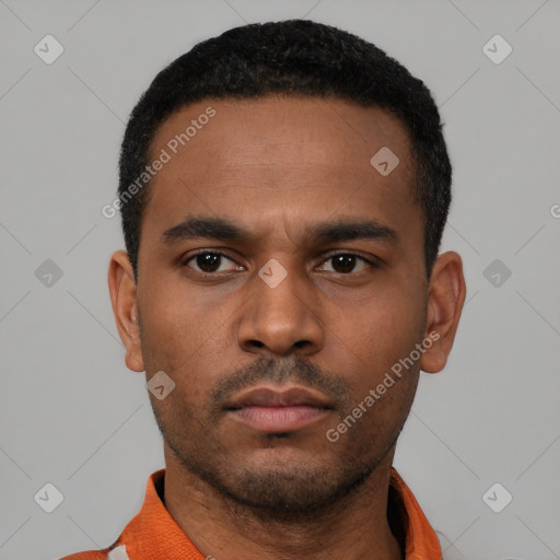 Neutral latino young-adult male with short  black hair and brown eyes