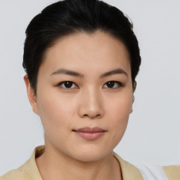 Neutral asian young-adult female with short  brown hair and brown eyes