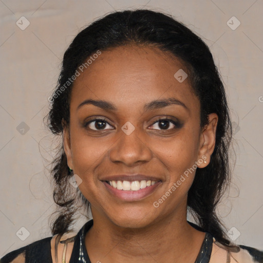 Joyful black young-adult female with medium  black hair and brown eyes