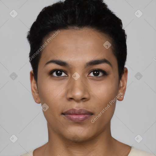 Neutral latino young-adult female with short  black hair and brown eyes