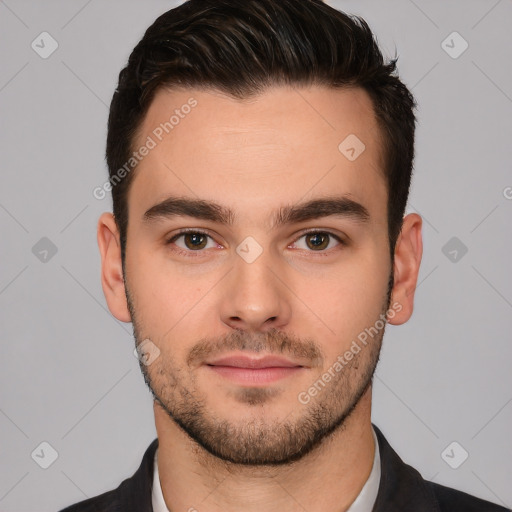 Neutral white young-adult male with short  brown hair and brown eyes