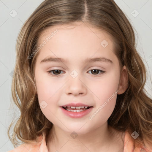 Joyful white child female with medium  brown hair and brown eyes