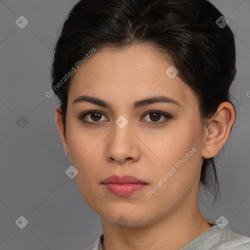 Neutral latino young-adult female with short  brown hair and brown eyes