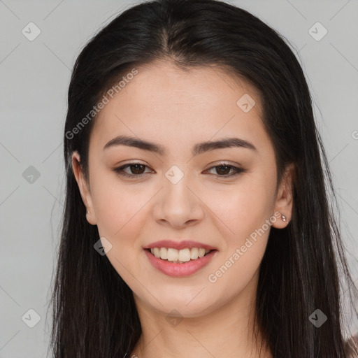 Joyful asian young-adult female with long  brown hair and brown eyes